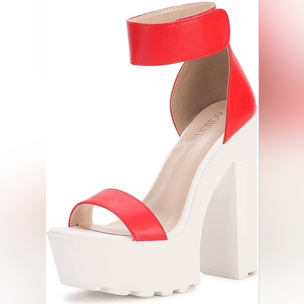 OCHENTA Platform Block High Heel Sandals Lug Sole Chunky Heels Size European 37